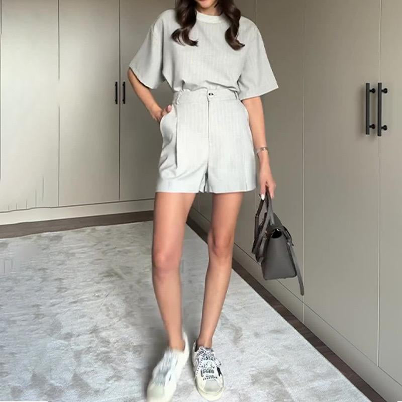 Round Neck Striped Short Sleeve High Waisted Shorts Set