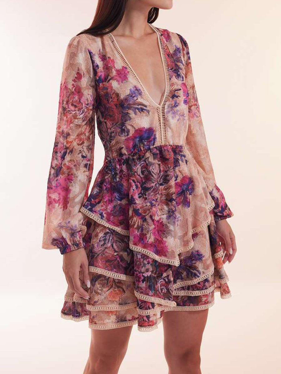 Deep V Neck Printed Backless Flouced Dress