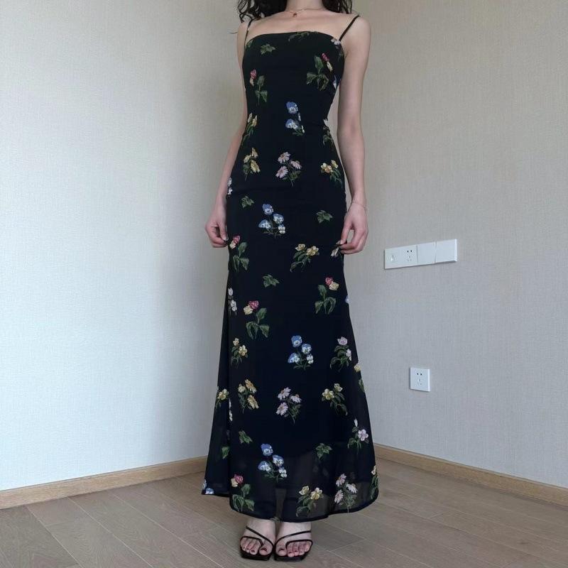 Black Floral Floral Fishtail Maxi Dress