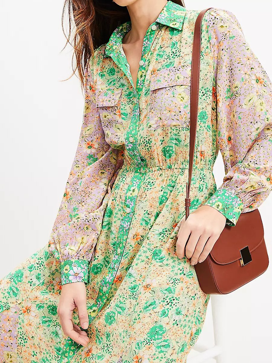 Floral Godet Pocket Long Sleeve Shirtdress