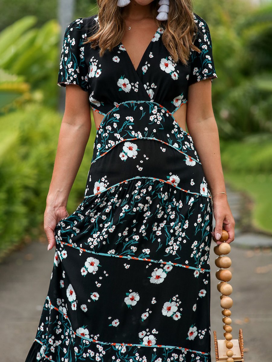 Floral Printed Short Sleeve Cutout Dress