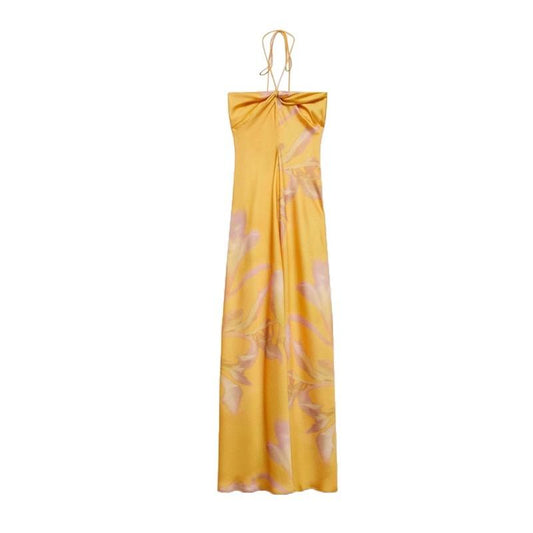 Neck-hanging Printed Yellow Slim Maxi Dress