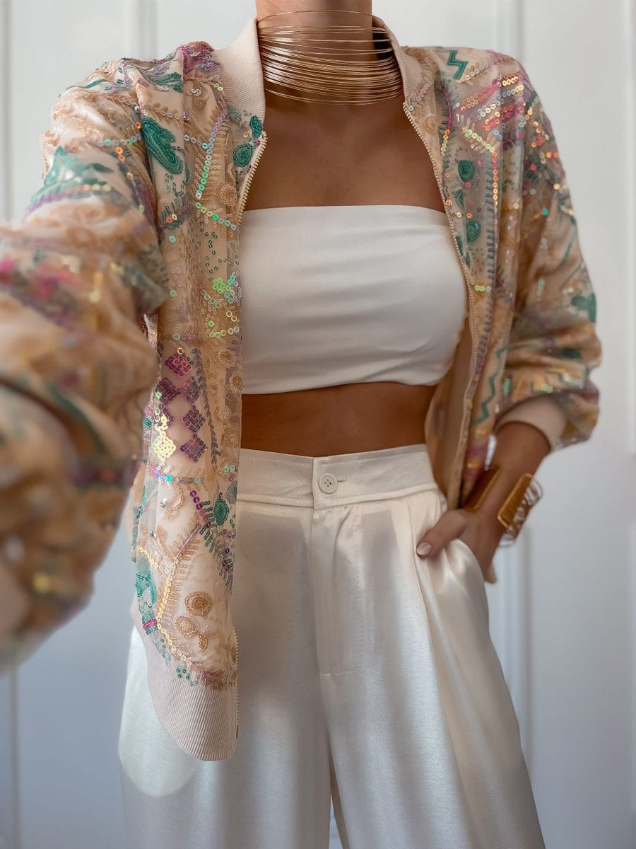 Sequin See-through Zip Up Bomber