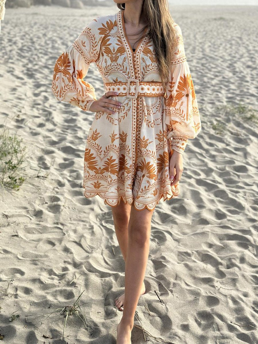 Placement Print Long Sleeve V Neck Mini Dress