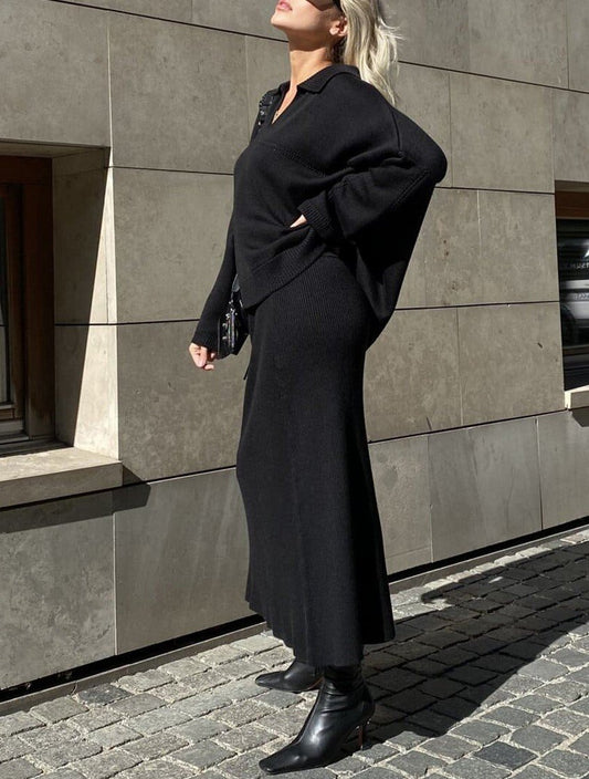 Autumn V-neck Solid Color Loose Sweater Set