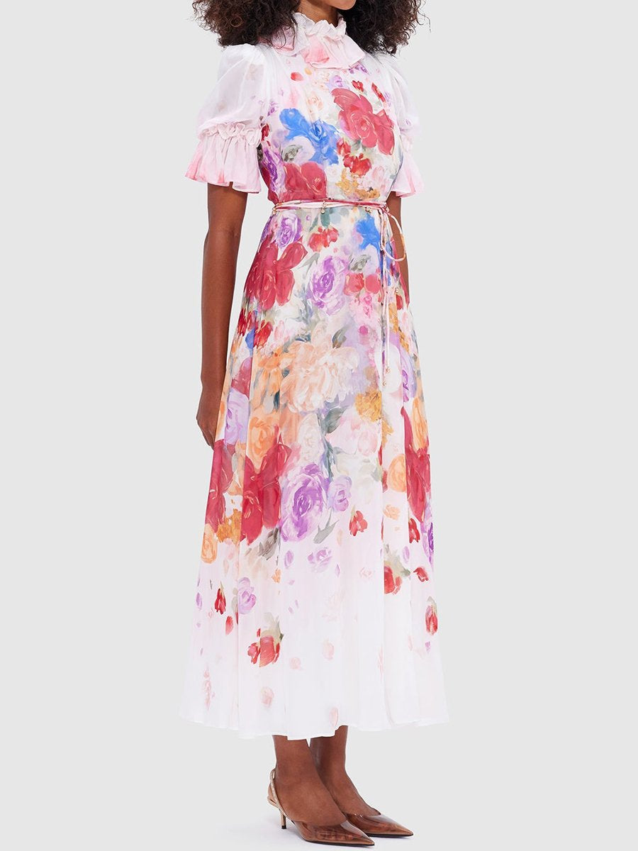 Placement Print Stand Collar Flower Dress