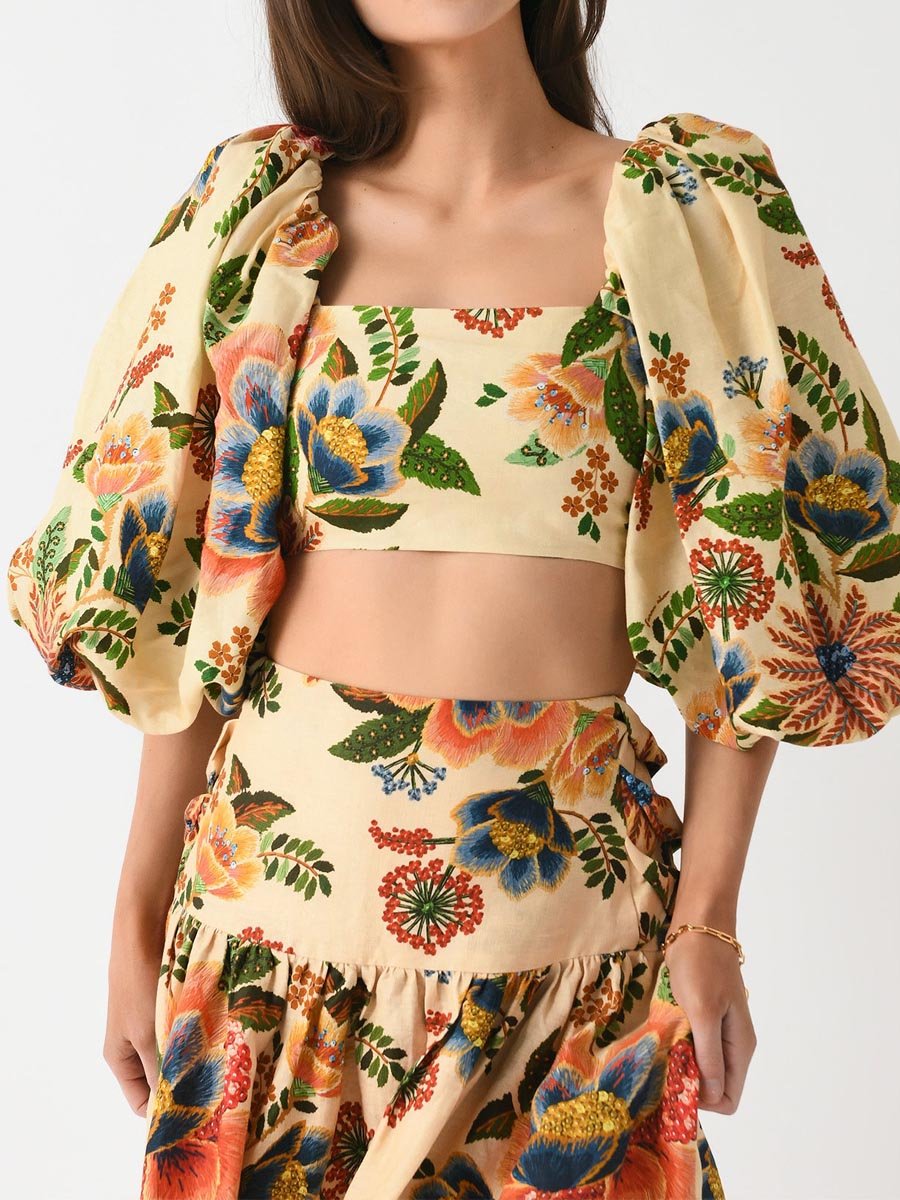 Square Collar Floral Print Crop Top & Skirts