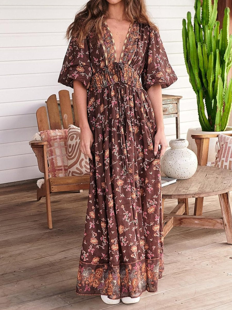 Floral Printed V Neck Bohemian Dress