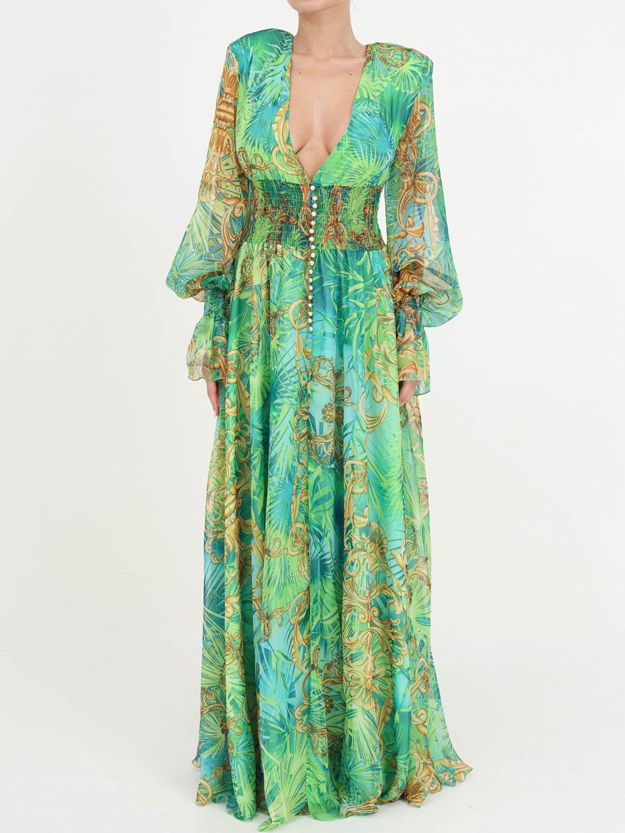 Deep V Neck Slit Hem Printed Long Sleeve Chiffon Dress