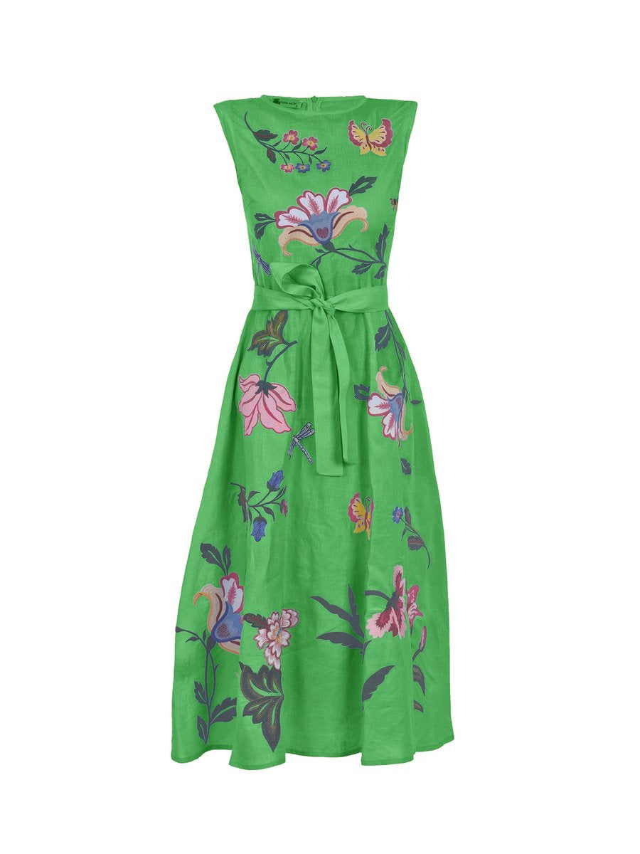 Floral Sleeveless Belted A Line Midi Dress