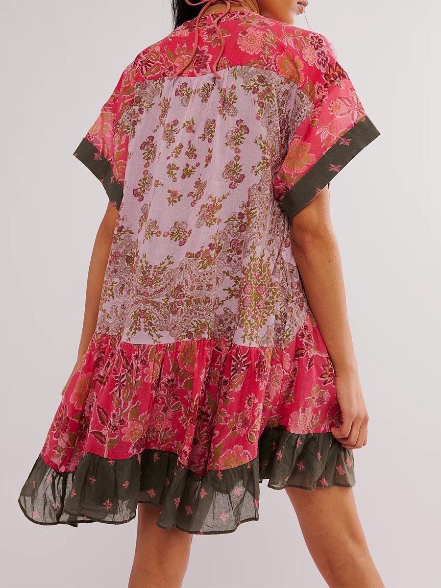 Bohemian Printed Short Sleeve Pocket V Neck Dress