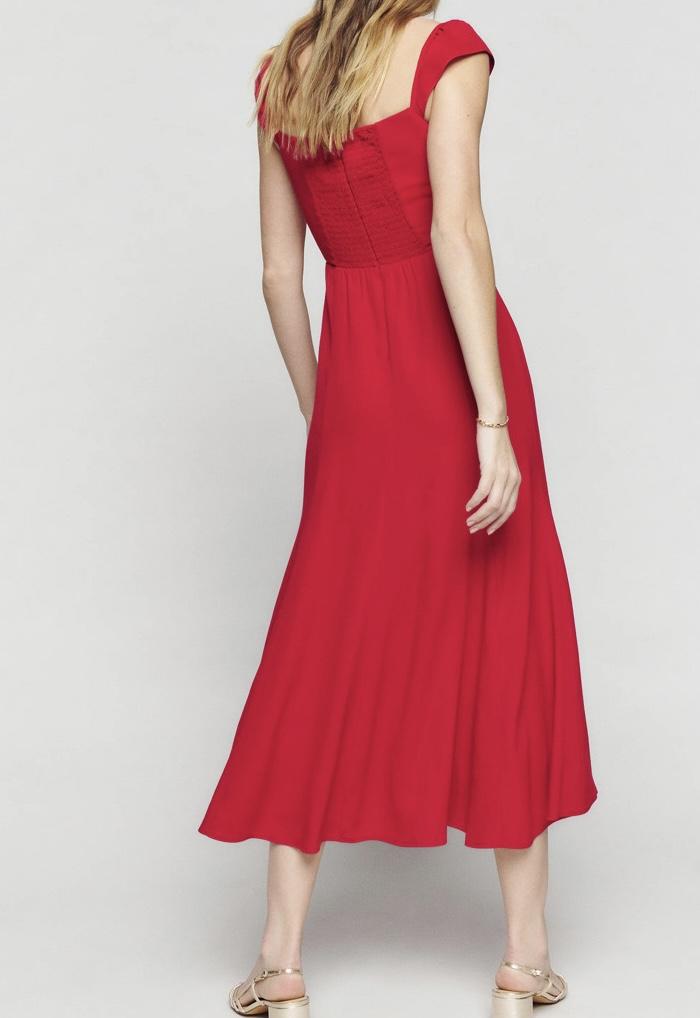 Square Neck Red Slim Midi Dress