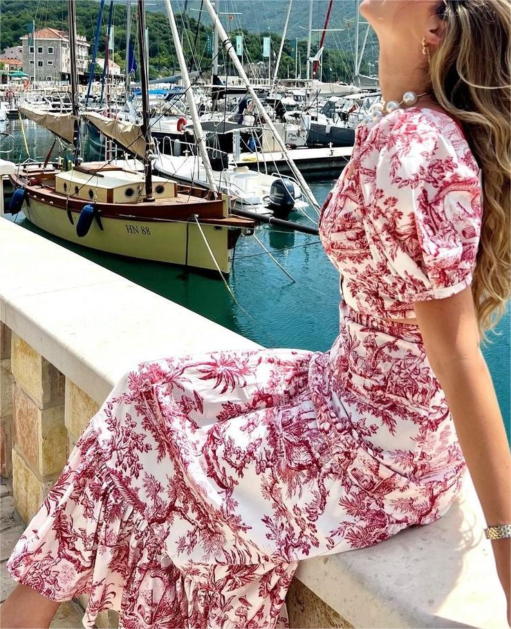 Printed Coconut Ruffle Midi Dress