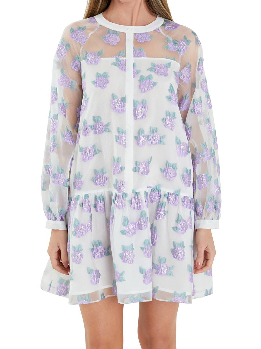 Floral Button Front Long Sleeve Organza Dress