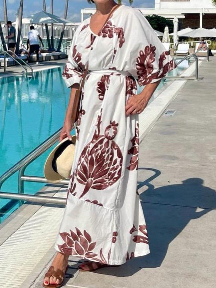 Printed V Neck Loose Dress