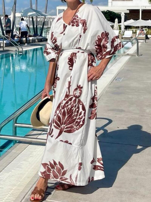 Printed V Neck Loose Dress