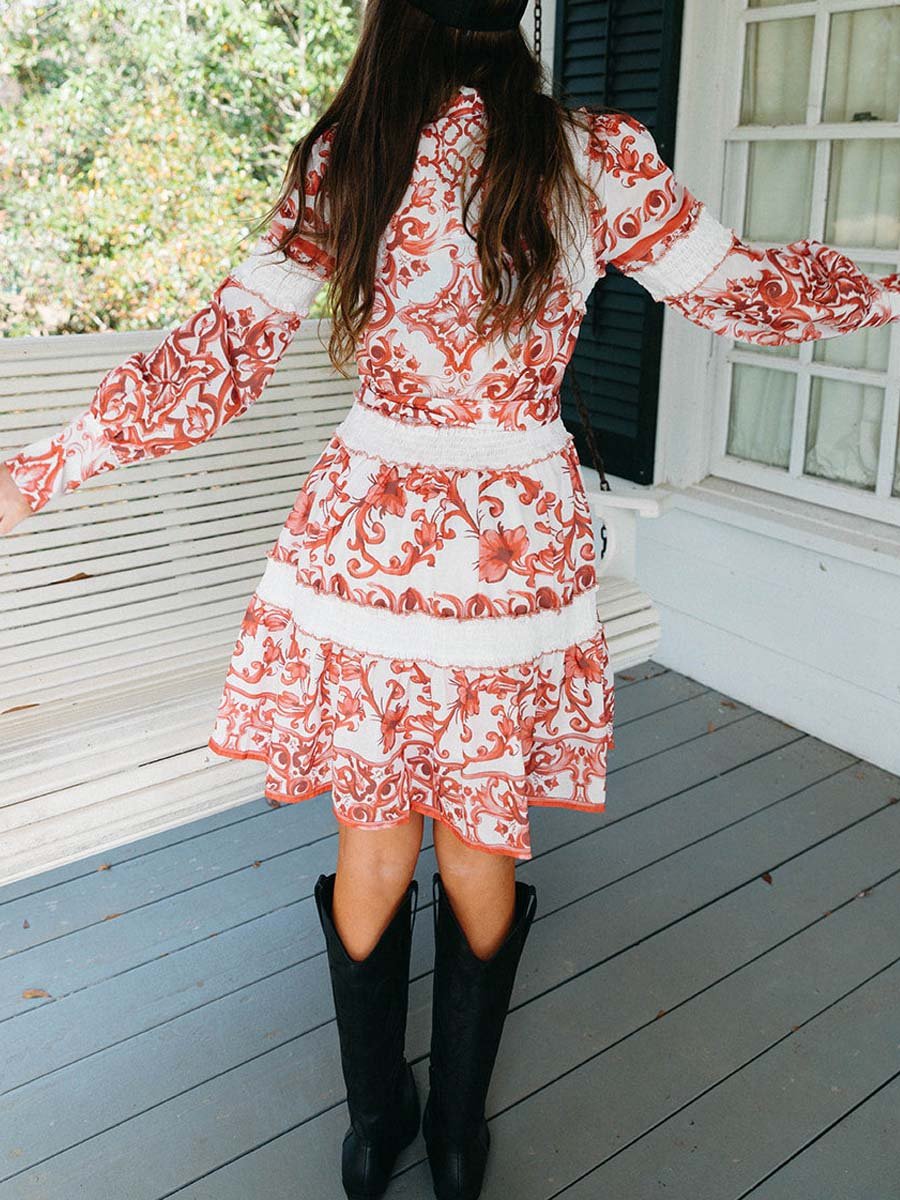 Lace Patchwork Lantern Sleeve Dress