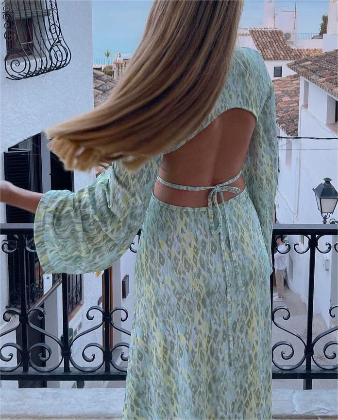 Deep V Green Floral Backless Dress Maxi Dress