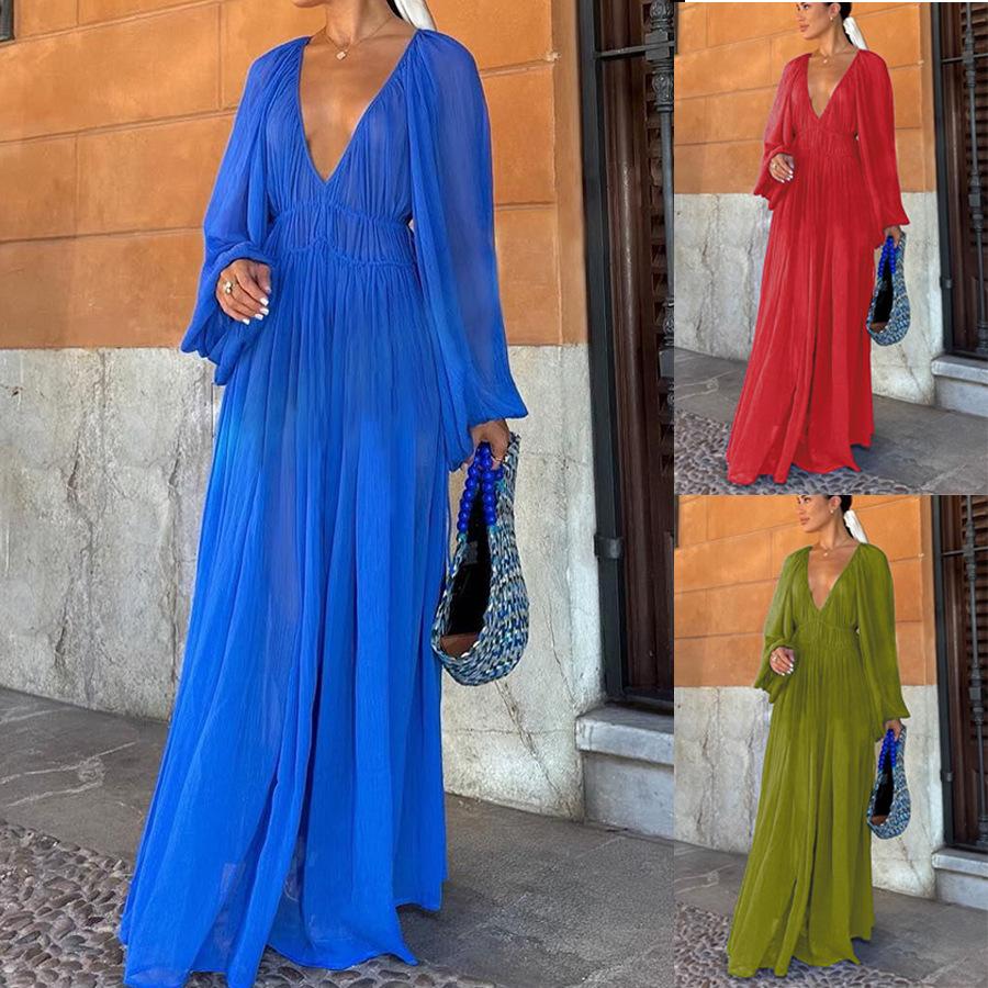 Deep V Chiffon Textured Flowy Long Dress