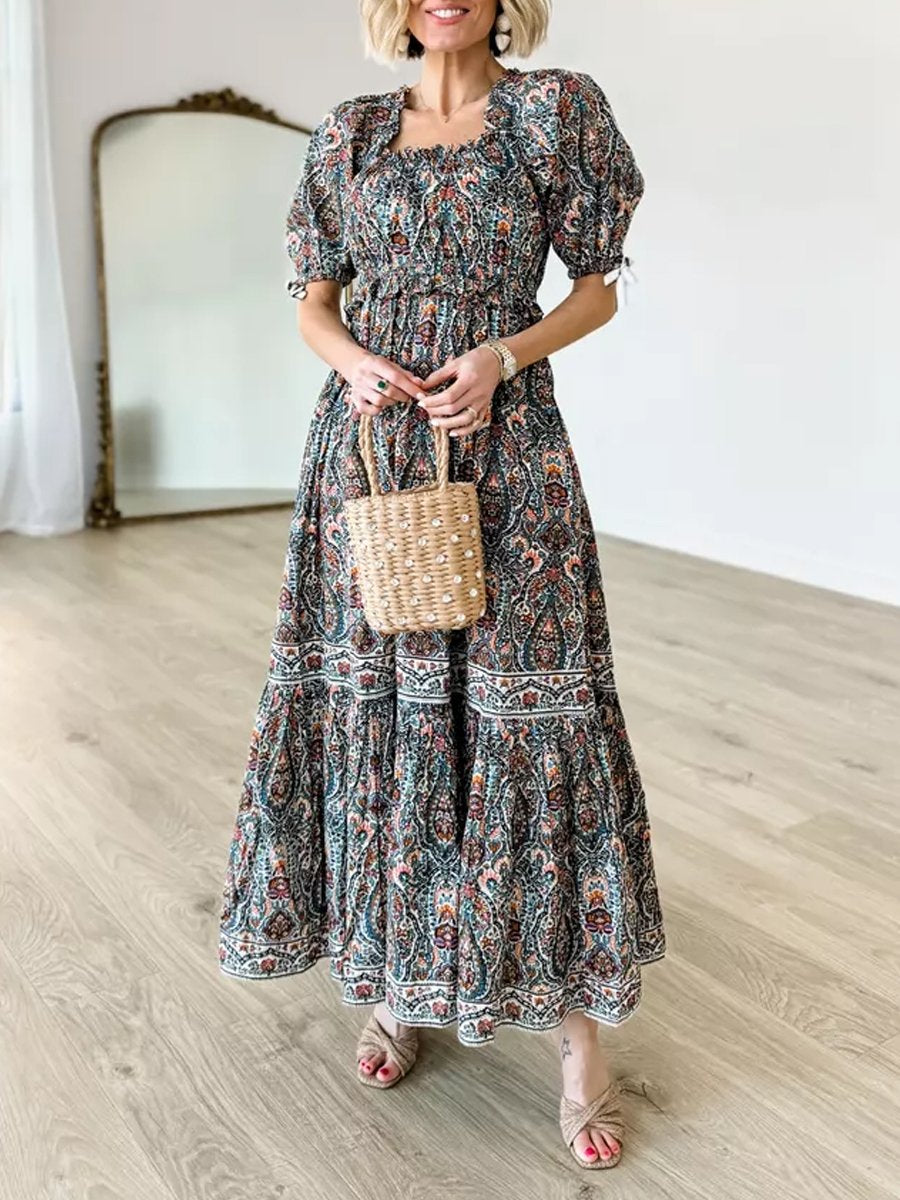 Printed Ruffled Puff Sleeve Maxi Dress