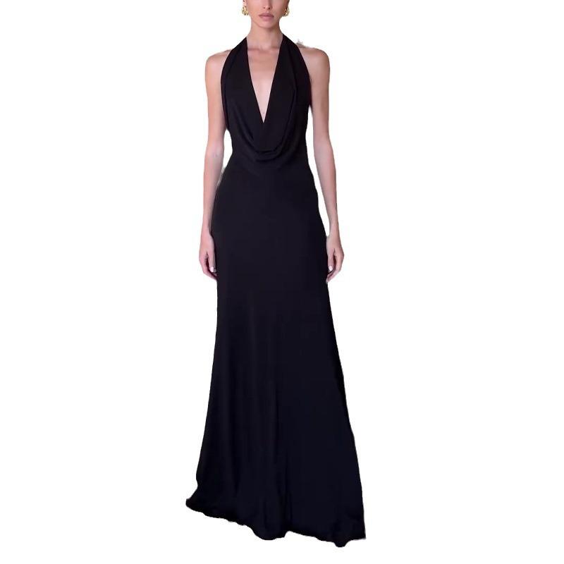 Deep V Black Slim Backless Maxi Dresses