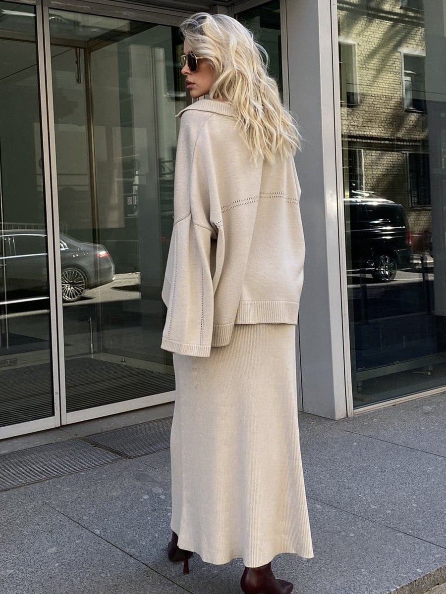 Autumn V-neck Solid Color Loose Sweater Set