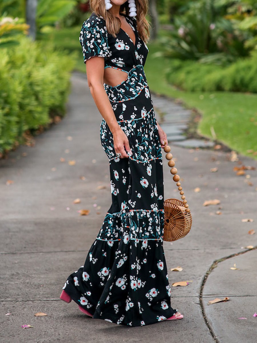 Floral Printed Short Sleeve Cutout Dress