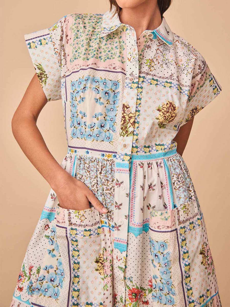 Printed Patchwork Short Sleeve Shirtdress