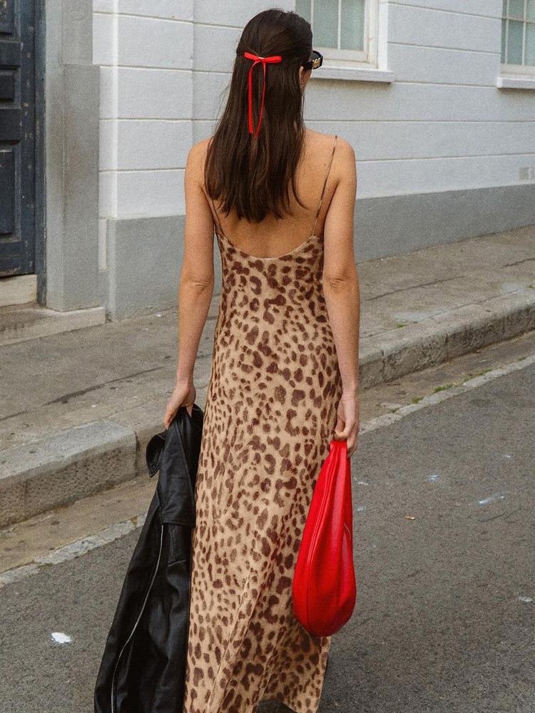 Swing Neck Leopard Print Sexy Backless Maxi Dresses