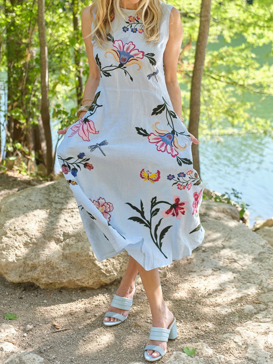 Floral Sleeveless Belted A Line Midi Dress