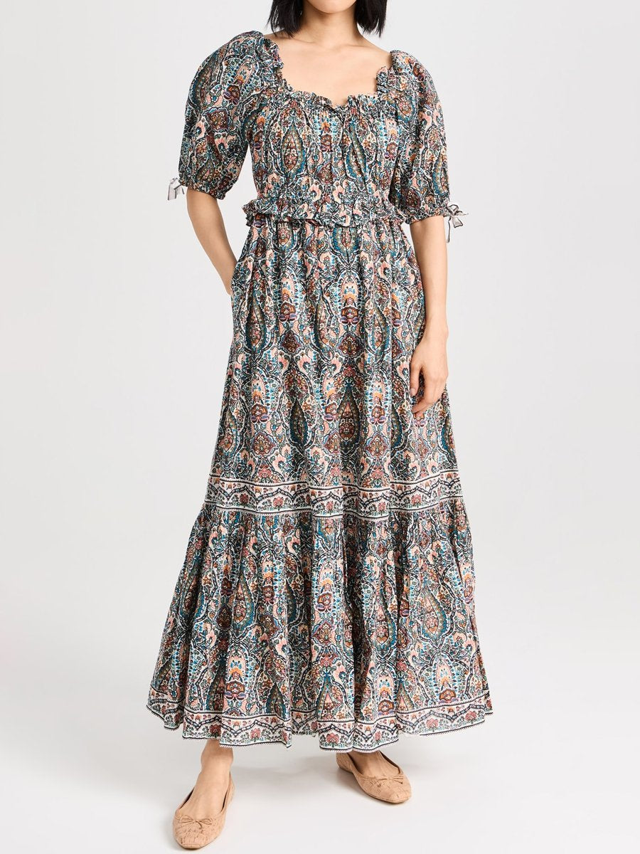 Printed Ruffled Puff Sleeve Maxi Dress