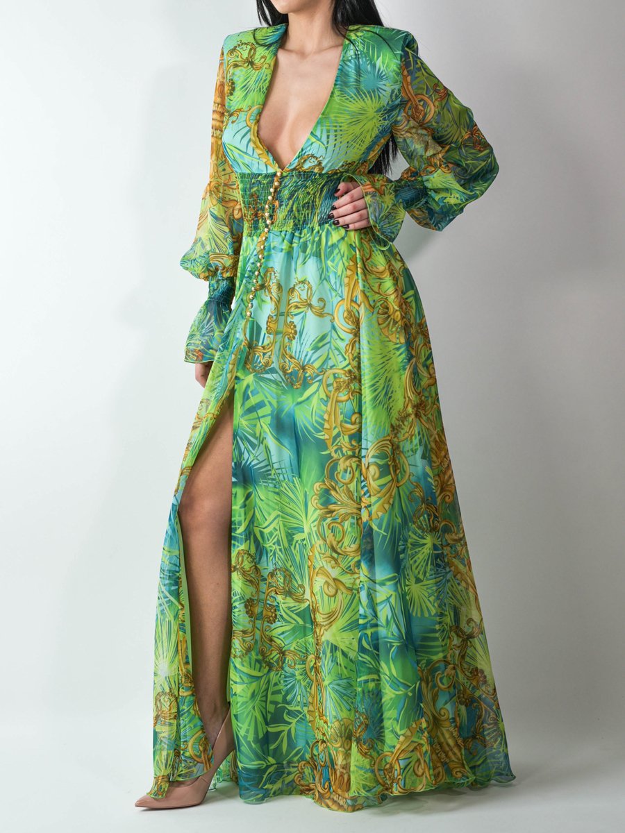 Deep V Neck Slit Hem Printed Long Sleeve Chiffon Dress