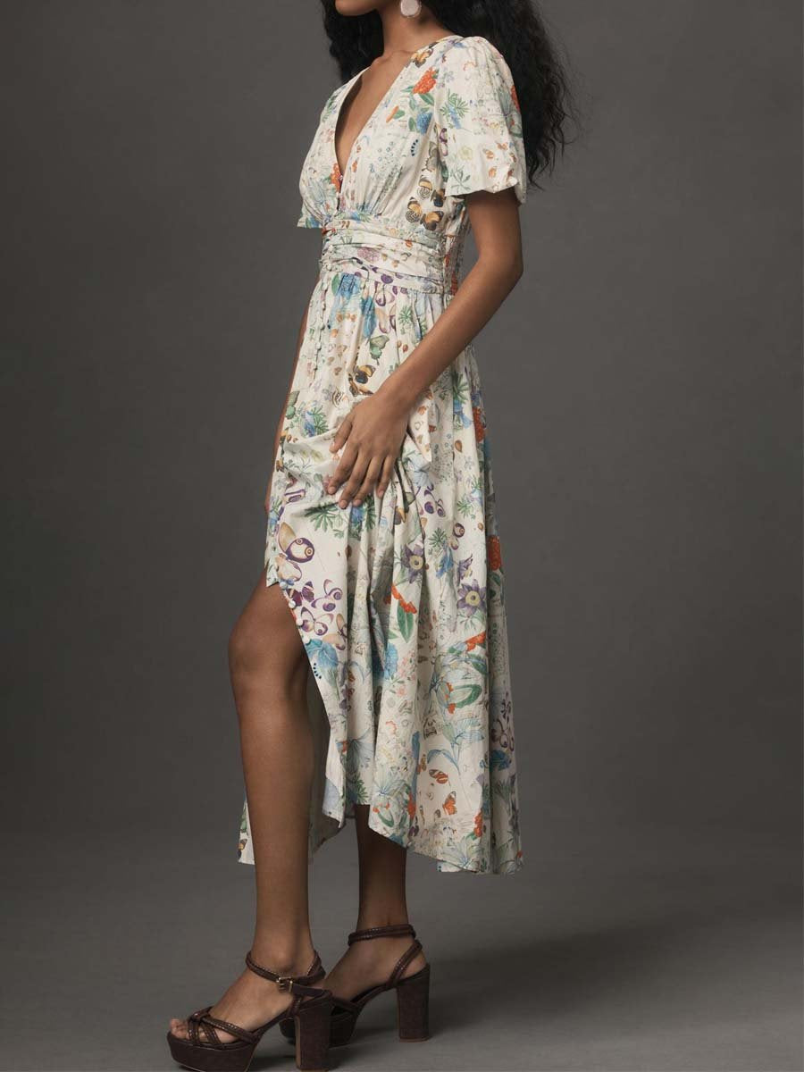 Deep V Neck Button-Front Printed Dress