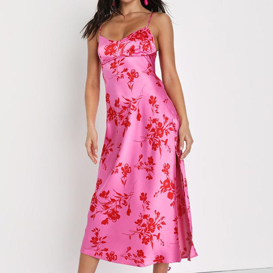 Pink Printed Backless Maxi Dress