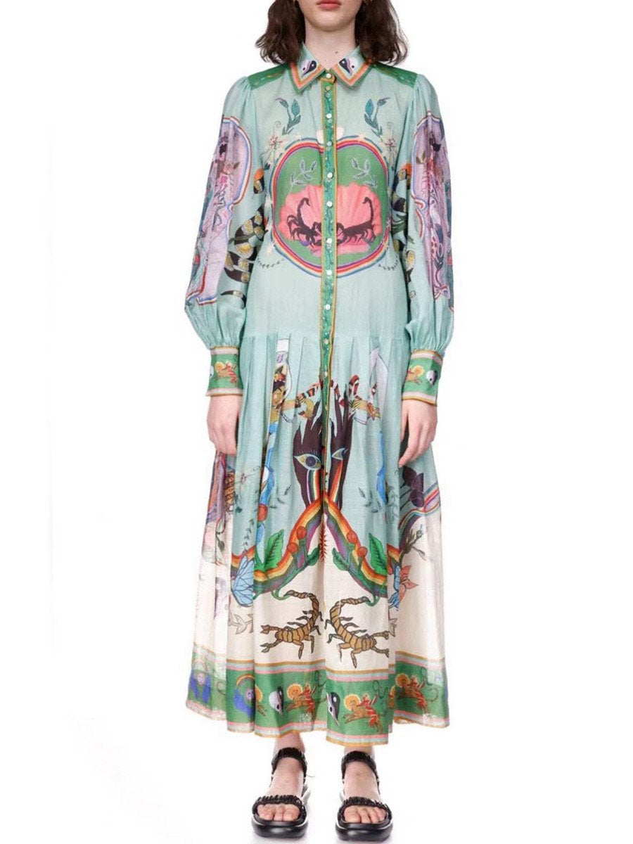 Printed Long Sleeve Vintage Design Long Dresses