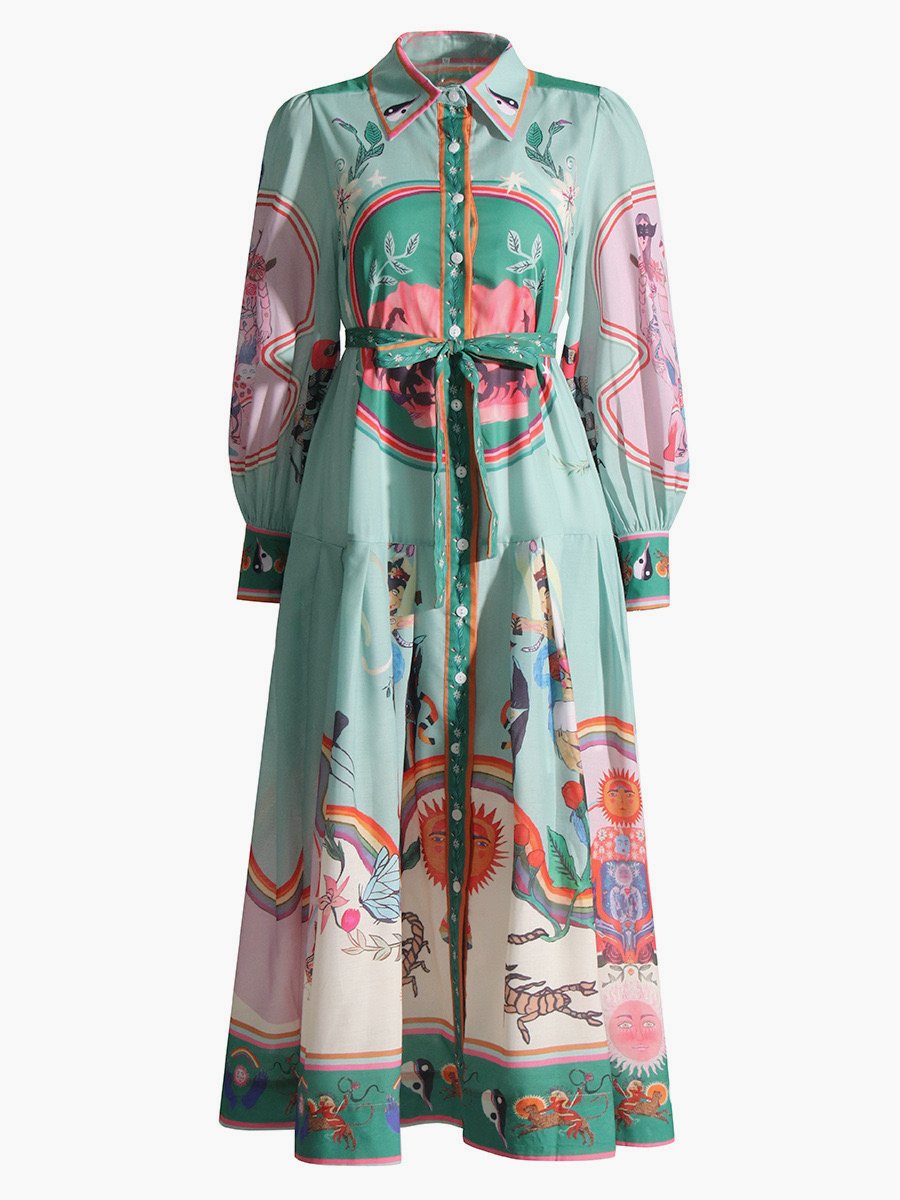 Printed Long Sleeve Vintage Design Long Dresses