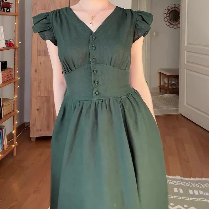 Forest Green Flying Sleeve Tight Waist Dress