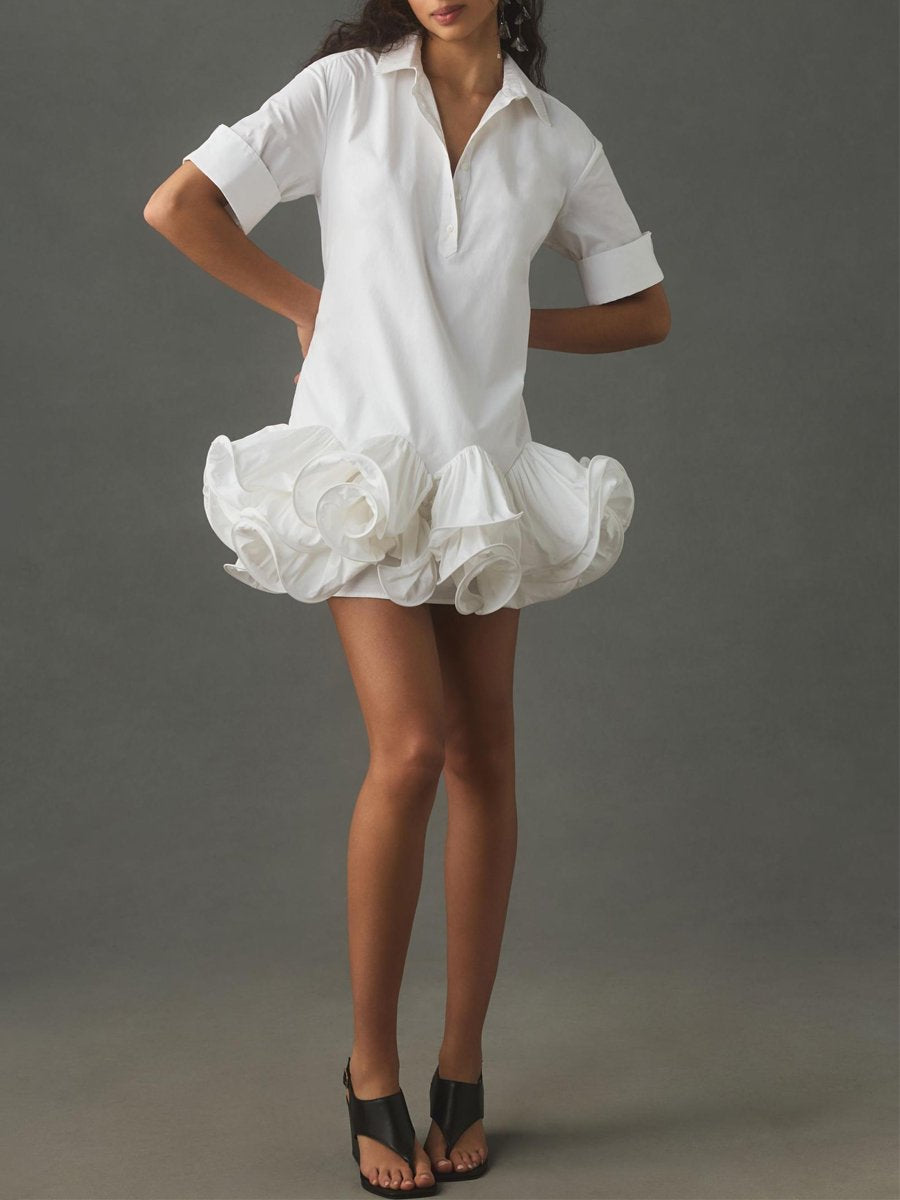 Short Sleeve Collared 3D Ruffle Mini Dress