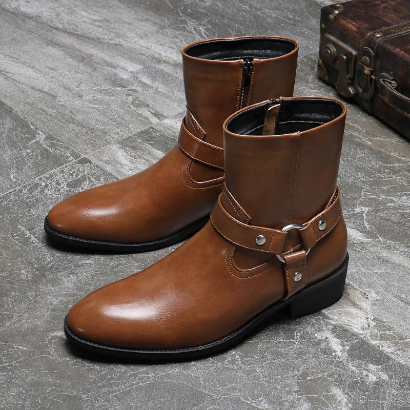 Men's Leather Boots With Decorative Buckle Strap