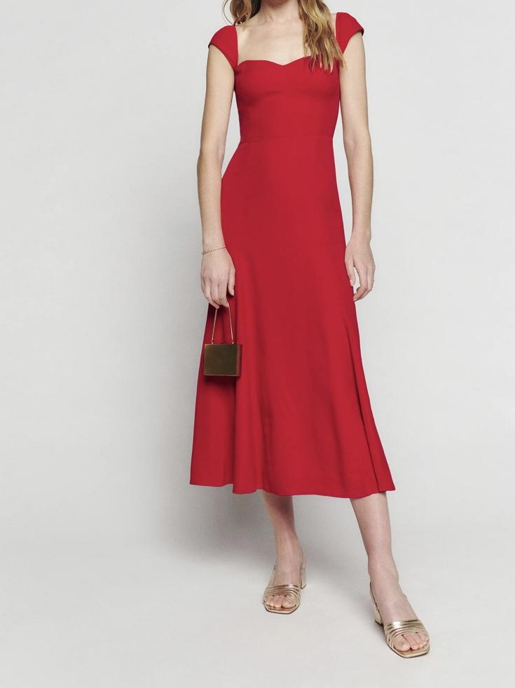 Square Neck Red Slim Midi Dress