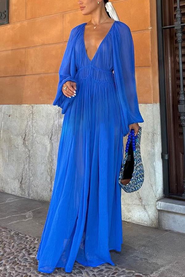 Deep V Chiffon Textured Flowy Long Dress