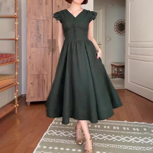 Forest Green Flying Sleeve Tight Waist Dress