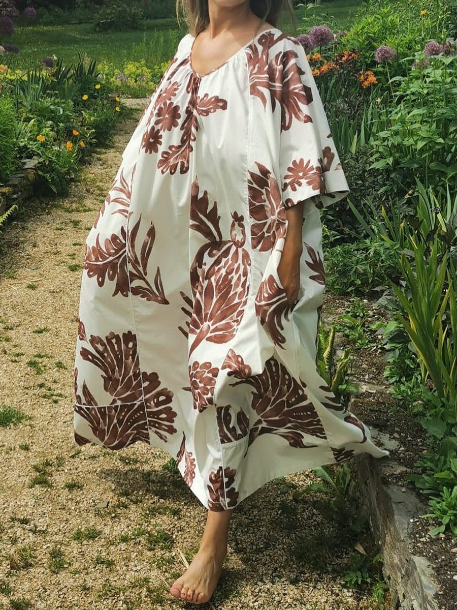 Printed V Neck Loose Dress