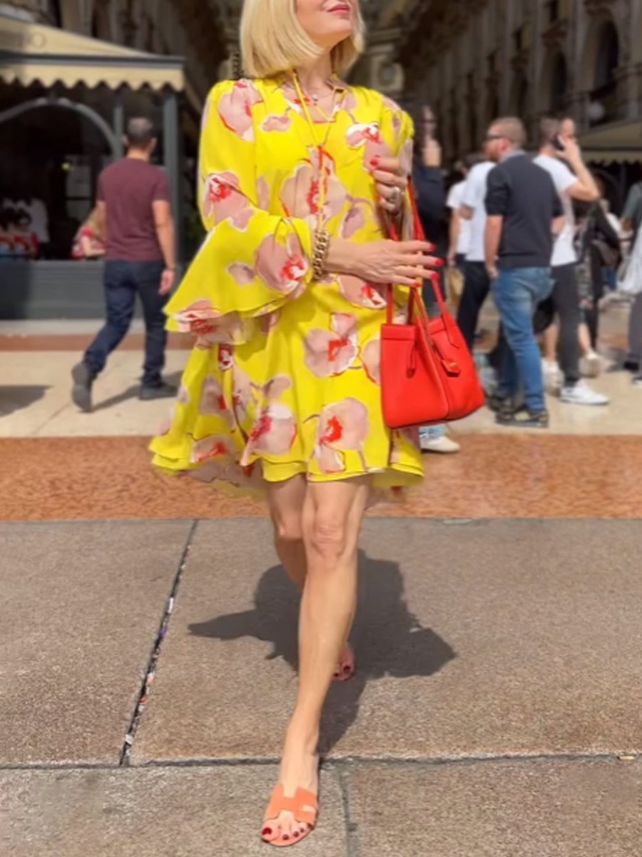 Floral Print Flare Sleeve Dress