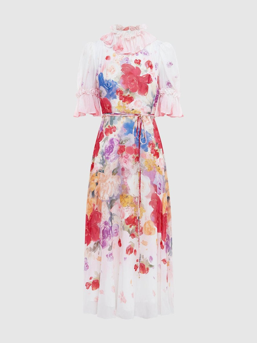 Placement Print Stand Collar Flower Dress