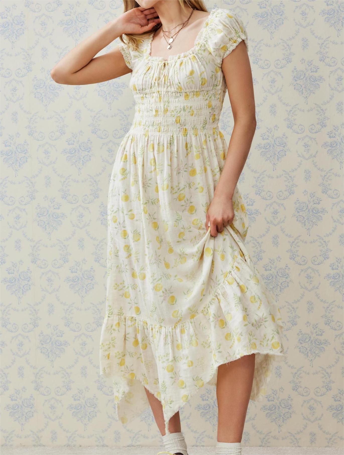 Light Yellow Floral Irregular Hem Dress