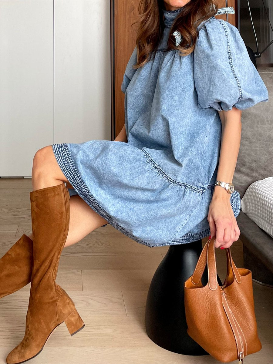 Denim Bownot Puff Sleeve Mini Dress