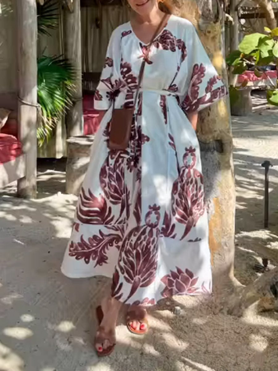 Printed V Neck Loose Dress