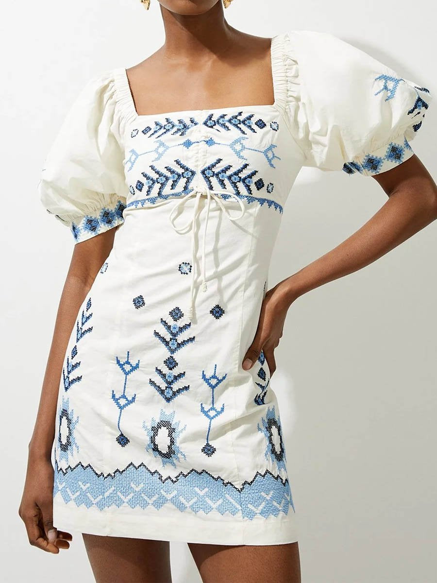 Embroidered Puff Sleeve Square Collar Dress