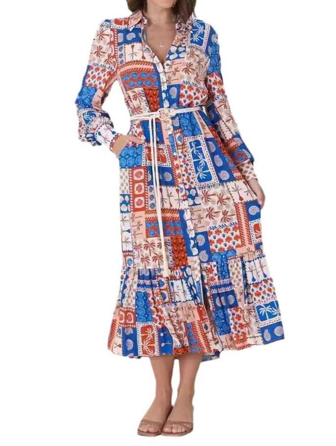 Long Sleeve Casual Printed Shirt Belted Dresses